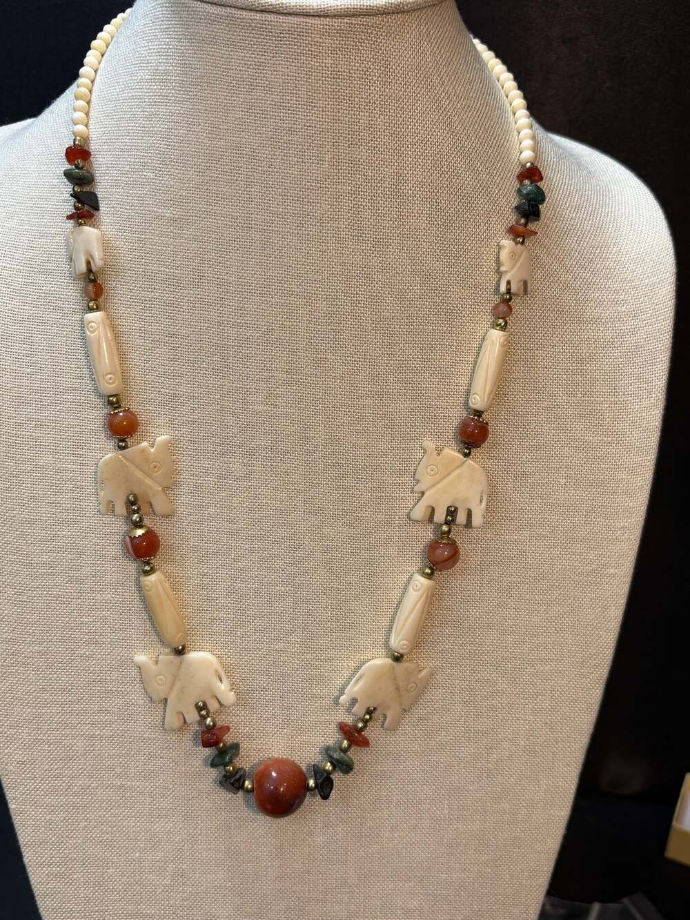 Carved Bone in shape of Elephant Necklace with Stone Beads & Brass Accents
